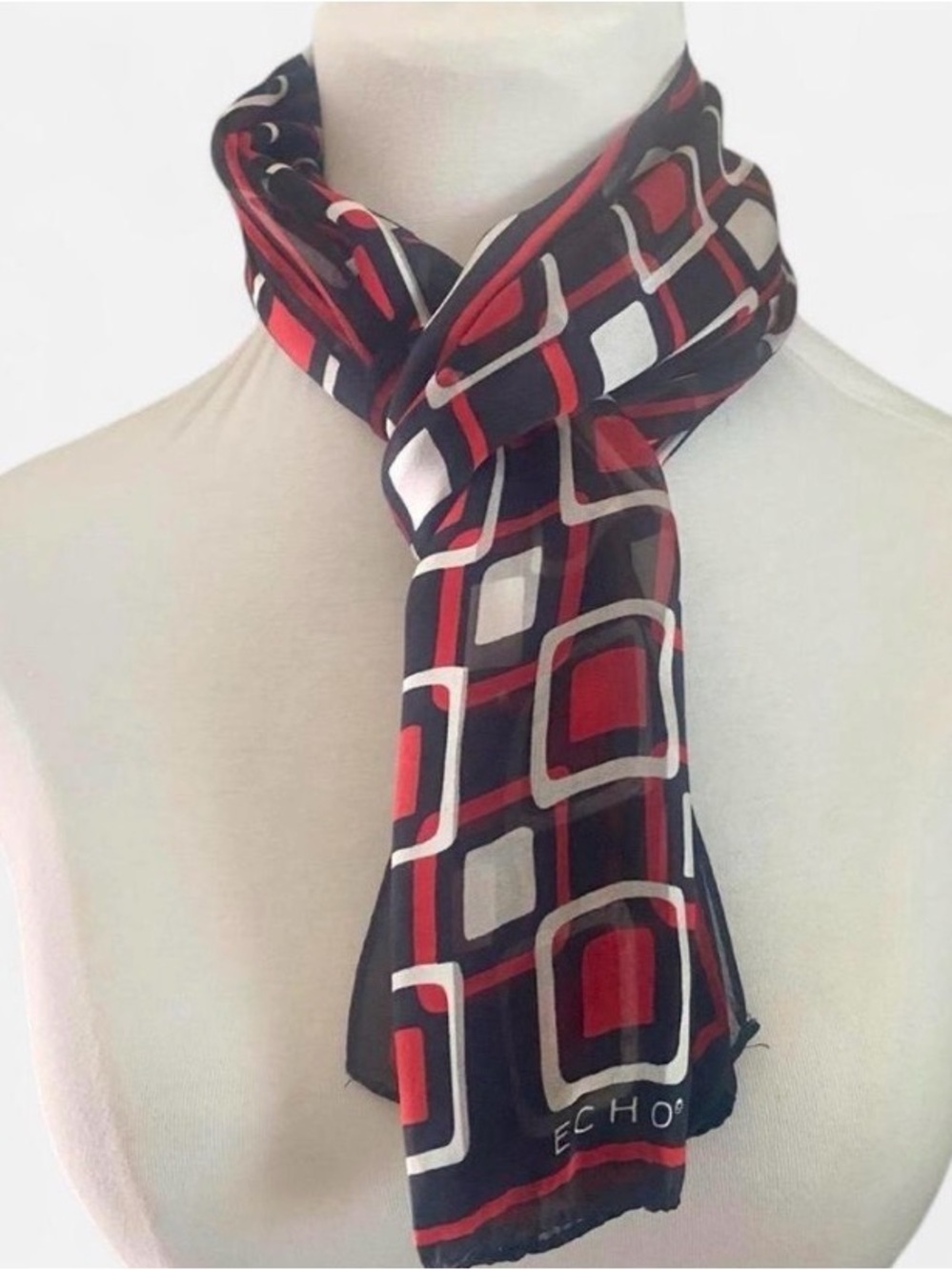 Vintage Echo Geometric Mod Scarf - Black, Red & White